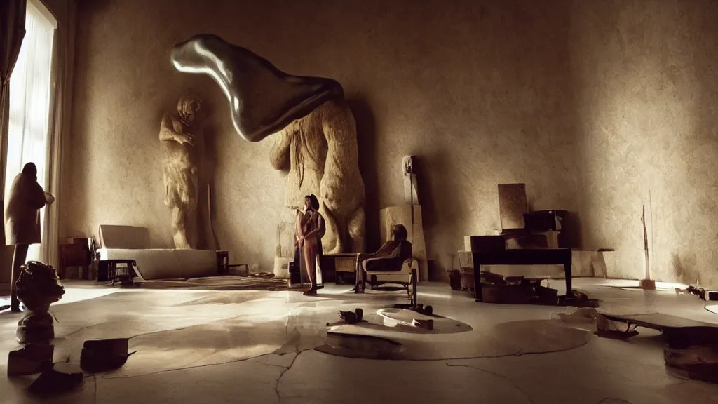 Image similar to a giant hand made of wax and water floats through the living room, film still from the movie directed by Denis Villeneuve with art direction by Salvador Dalí, wide lens