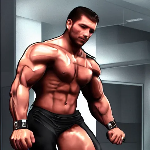 Image similar to a realistic detailed photo of a bodybuilder who is also a male android Chris Redfield, shiny skin, posing robotically, blank stare