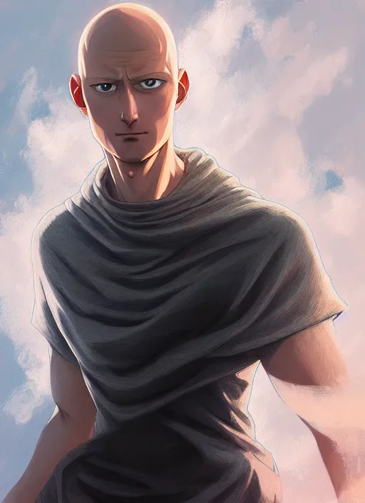 Image similar to handsome saitama, half body shot, path traced, epic cape, highly detailed, high quality, digital painting, alena aenami, lilia alvarado, shinji aramaki, karol bak, alphonse mucha, tom bagshaw