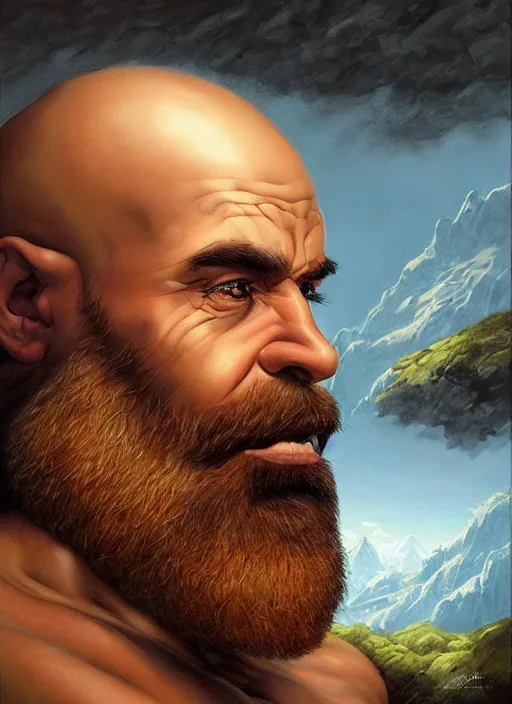 Image similar to a highly detailed symmetrical airbrush painting of a bald male dwarf with long brown beard in a mountainous landscape, morning, dynamic lighting, ambient lighting, deviantart, art by artgerm, frank frazetta and glenn fabry