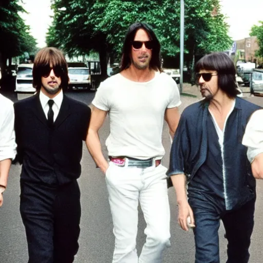 Prompt: keanu reeves, brad pitt, tom cruise and george clooney in abbey road as the beatles