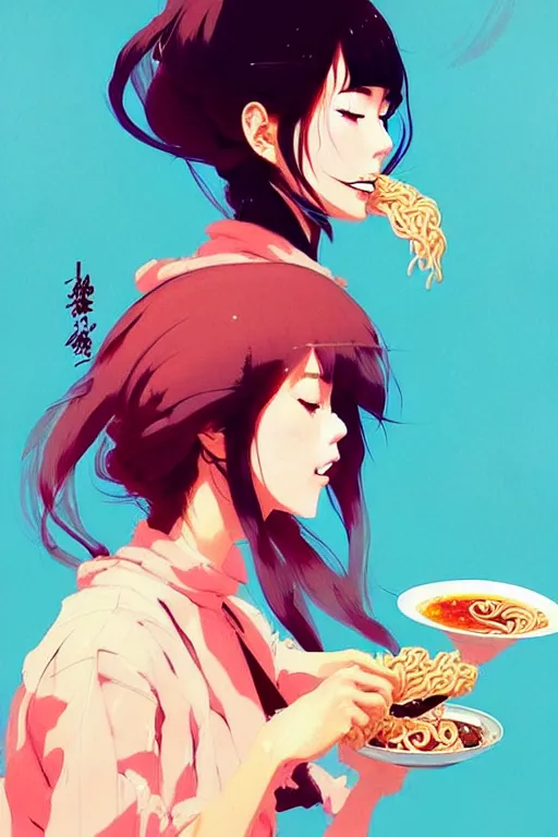 Prompt: a ultradetailed beautiful painting of a stylish woman eating ramen, by conrad roset, greg rutkowski and makoto shinkai trending on artstation