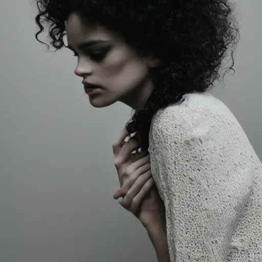 Image similar to a photo of a beautiful woman with curly hair, dreamy, nostalgic, fashion editorial, studio photography, magazine photography, earth tones