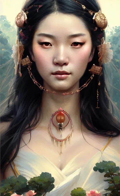 Image similar to a beautiful taiwan goddess with sundress with jewelry | | winter, realistic shaded, unpleasant face, good looking, fine details, realistic shaded lighting poster by greg rutkowski, magali villeneuve, artgerm, jeremy lipkin and michael garmash and macoto takahashi