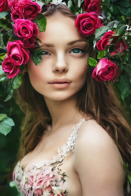 Prompt: realistic photograph of a beautiful woman in a lush garden with roses in her hair and an intricate gown, portrait, highly detailed,