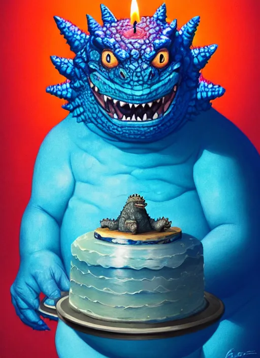 Image similar to portrait of a happy small fat blue godzilla with a birthday cake, wearing a three coloured cap with a propeller on top, intricate, elegant, candle light, highly detailed, digital painting, artstation, concept art, smooth, sharp focus, illustration, art by wlop, mars ravelo and greg rutkowski