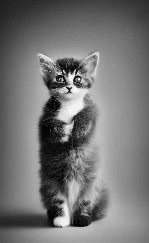 Image similar to Award winning Editorial photo of an adorable kitten standing by Edward Sherriff Curtis and Lee Jeffries, 85mm ND 5, perfect lighting, gelatin silver process