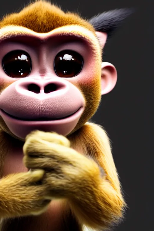 Image similar to high quality 3 d render hyperrealist very cute monkey with a starbucks coffee, vray smooth, in the style of detective pikachu, hannah yata, very dramatic light, low angle, uhd 8 k, shallow depth or field