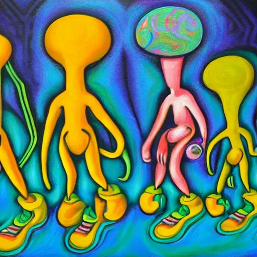 Prompt: an anthromorphic alien cult steals socks, by amanda clark in a psychedelic style, oil on canvas