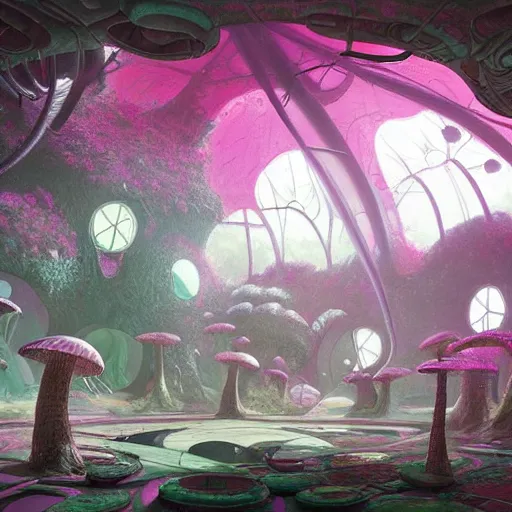 Prompt: concept art painting of a interior of a circular alien fantasy fungus house, realistic, detailed, cel shaded, magenta and gray, dark, in the style of makoto shinkai and greg rutkowski and james gurney