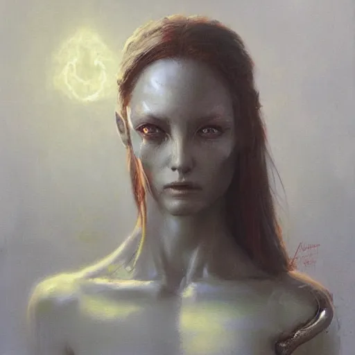 Image similar to an acrylic on canvas portrait painting of a beautiful alien priestess by Greg Rutkowski, Artgerm and Beksinski. Epic fantasy art.