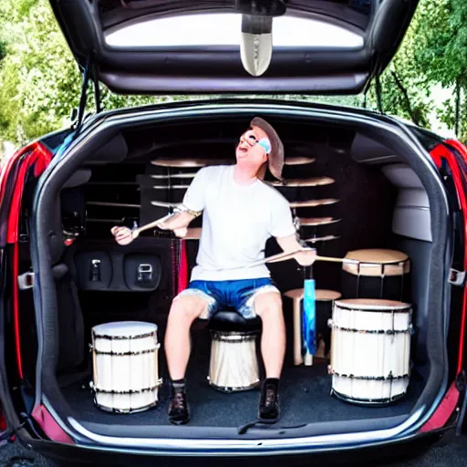 Prompt: a drum player playing the drums in the trunk of a tesla