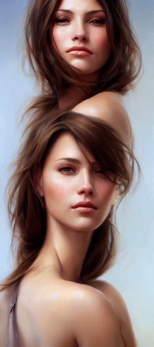 Prompt: a portrait of a very beautiful woman with a thin scar across her left cheek, brown eyes, shoulder-length brown hair, illustration, soft lighting, soft details, painting oil on canvas by mark arian by artgerm, trending on artstation, 4k, 8k, HD