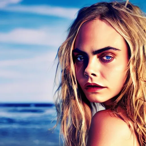 Prompt: sultry portrait of cara delevigne on the beach, 8k, photorealistic