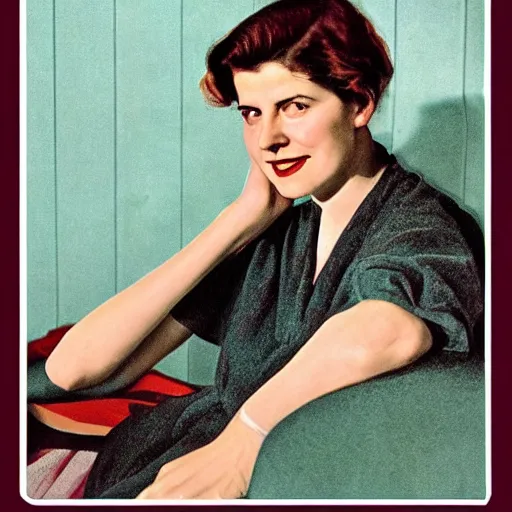 Image similar to “Irène Jacob portrait, color vintage magazine illustration 1950”