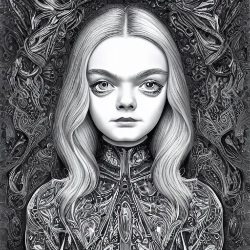 Prompt: professional painting of Elle Fanning in the style of Joe Fenton, head and shoulders portrait, symmetrical facial features, smooth, sharp focus, illustration, intricate, stormy weather, extremely detailed masterpiece,