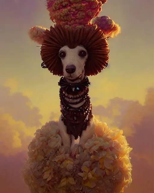 Image similar to highly detailed surreal vfx portrait of a rococopunk poodle, stephen bliss, unreal engine, greg rutkowski, loish, rhads, beeple, makoto shinkai and lois van baarle, ilya kuvshinov, rossdraws, tom bagshaw, alphonse mucha, global illumination, detailed and intricate environment