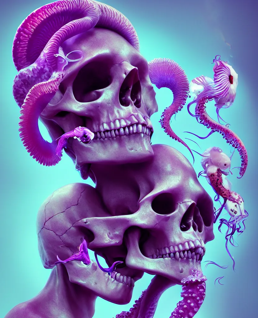 Image similar to goddess close - up portrait human skull, ram skull, squid phoenix jellyfish, orchid, betta fish, bioluminiscent, intricate artwork by tooth wu and wlop and beeple. octane render, trending on artstation, greg rutkowski very coherent symmetrical artwork. cinematic, hyper realism, high detail, octane render, 8 k