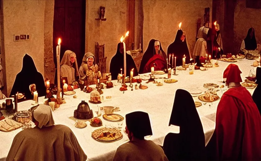 Prompt: Medieval knights and Nuns sitting around a big dinner table with candles in the shining by stanley kubrick, shot by 35mm film color photography