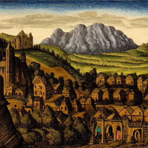 Image similar to medieval scenic with a fields hills and mountains