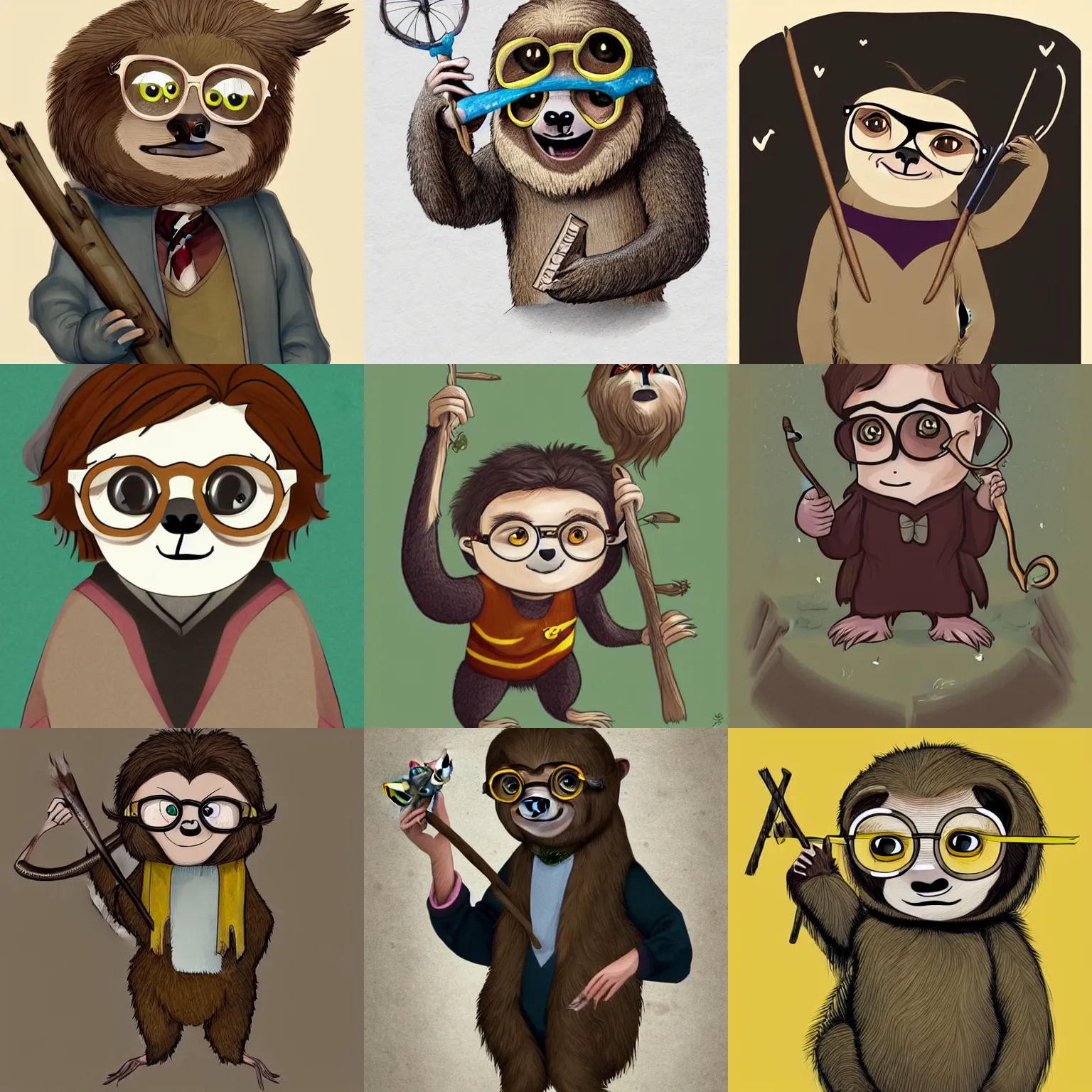 Prompt: A sloth cosplaying as Harry Potter, with glasses, a wand and a zigzag scar. Childrens\' book illustration, cute, lots of detail, trending on artstation.