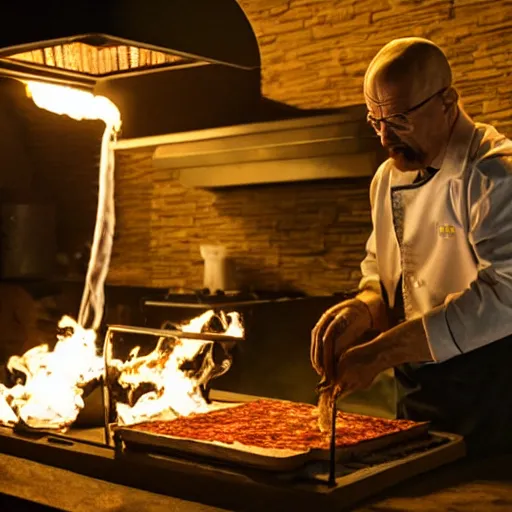 Image similar to Walter White making pizza in the desert, dramatic lighting, blowtorch, still from breaking bad (2010)