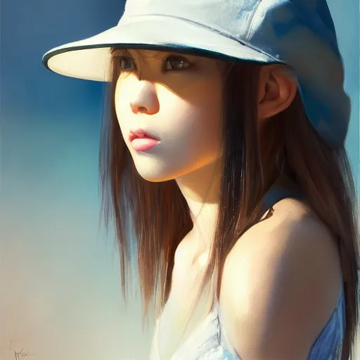 Image similar to oil painting by ilya kuvshinov,, baugh casey, artgerm craig mullins, coby whitmore, of a youthful japanese girl, long hair, fisherman's hat, highly detailed, breathtaking face, studio photography, noon, intense bounced light, water reflection, large tree casting shadow, serine intense sunlight