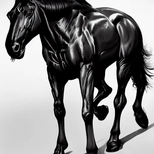 Prompt: an exaggeratedly muscular anthropomorphized black - coated horse with a magnificently muscular physique wearing tight kevlar outfit standing in a facility, long white mane, proportionally enormous arms, equine, anthro art, furaffinity, highly detailed, digital painting, artstation, concept art, illustration, art by artgerm, greg rutkowski, ruan jia