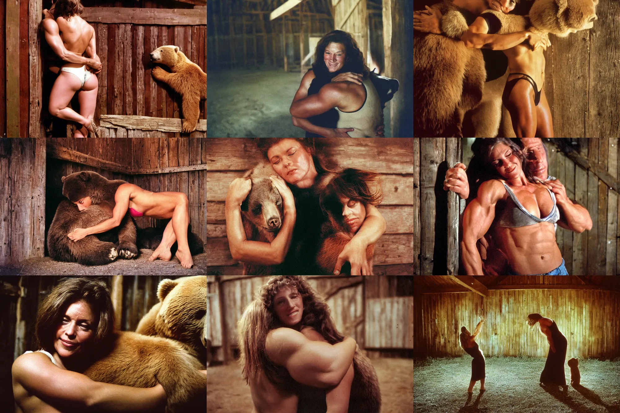 Prompt: color photograph portrait of a muscular woman hugging a bear in a barn. night, summer, warm lighting, 1 9 9 0 photographs from life magazine.