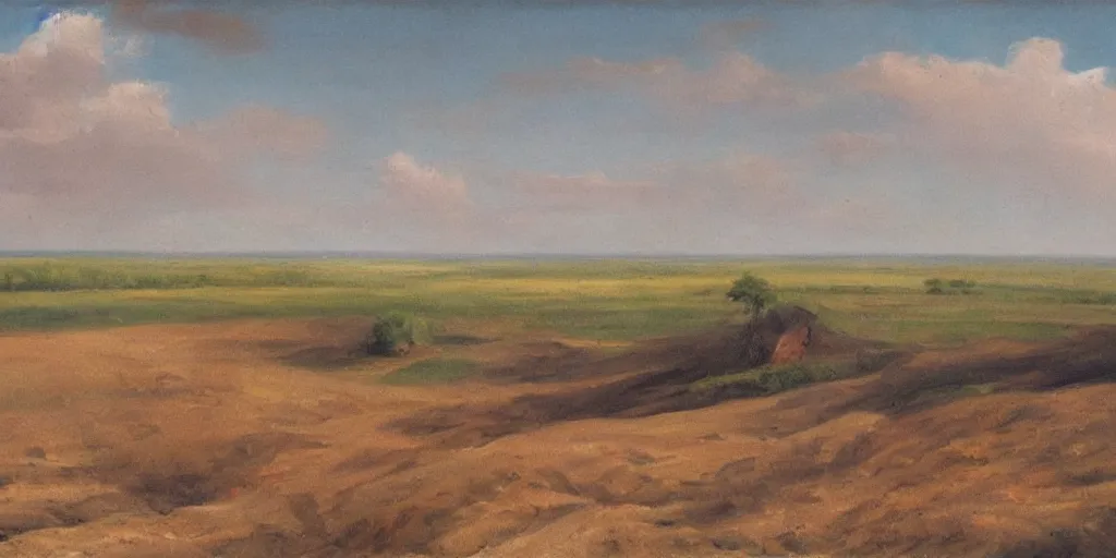 Prompt: an eastern front battlefield landscape, summertime, shell craters, distant smoke column on the horizon, oil painting in the style of peredvizhniki