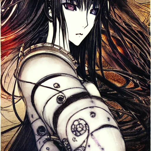 Image similar to yoshitaka amano blurred and dreamy illustration of an anime girl with black eyes, wavy white hair fluttering in the wind wearing elden ring armor and crown with engraving, abstract black and white patterns on the background, noisy film grain effect, highly detailed, renaissance oil painting, weird portrait angle, blurred lost edges, three quarter view