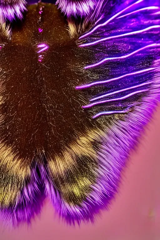 Prompt: high quality close-up photo iridescent furry moth! jeweled gorgeous! highly detailed david ligare elson peter cinematic purple neon lighting high quality low angle hd 8k sharp shallow depth of field