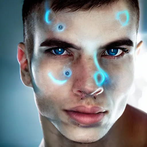 Prompt: portrait photo of a beautiful male cyborg