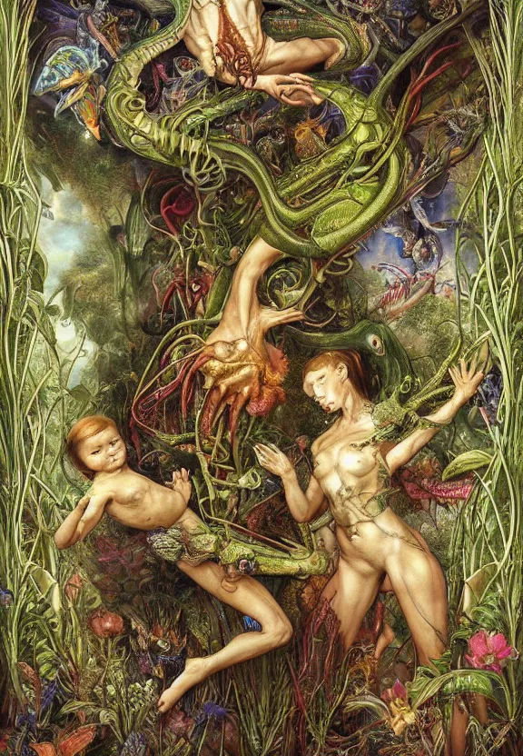 Image similar to simplicity, elegant, muscular animals, human babies, botany, orchids, radiating, colorful mandala, psychedelic, overgrown garden environment, by h. r. giger and esao andrews and maria sibylla merian eugene delacroix, gustave dore, thomas moran, pop art, biomechanical xenomorph, art nouveau, haunting