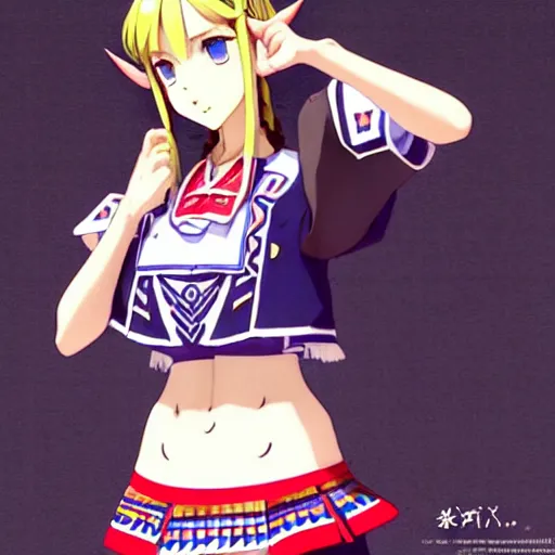 Image similar to a beautiful! boyish! zelda alluring gravure! model, wearing japanese school girl outfit with mayan pattern and native style, aztec street fashion, gapmoe yandere grimdark, trending on pixiv fanbox, painted by greg rutkowski makoto shinkai takashi takeuchi studio ghibli, akihiko yoshida