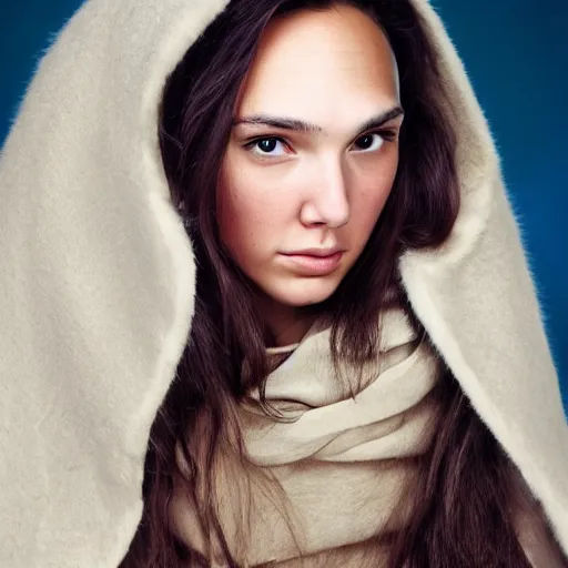 Image similar to a masterpiece portrait photo of a beautiful young woman who looks like an eskimo gal gadot, symmetrical face, random background scene