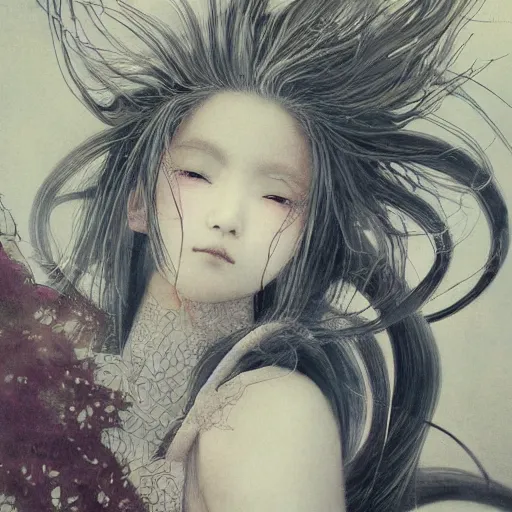 Image similar to yoshitaka amano blurred and dreamy realistic illustration of a japanese woman with black eyes, wavy white hair fluttering in the wind wearing elden ring armor with engraving, abstract patterns in the background, satoshi kon anime, noisy film grain effect, highly detailed, renaissance oil painting, weird portrait angle, blurred lost edges, three quarter view