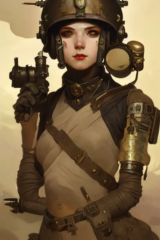 Image similar to dieselpunk soldier girl, helmet, shoulders, chest, portrait, armored, illustrations by wlop and alfons maria mucha and craig mullins and loish and rossdraws and artgerm