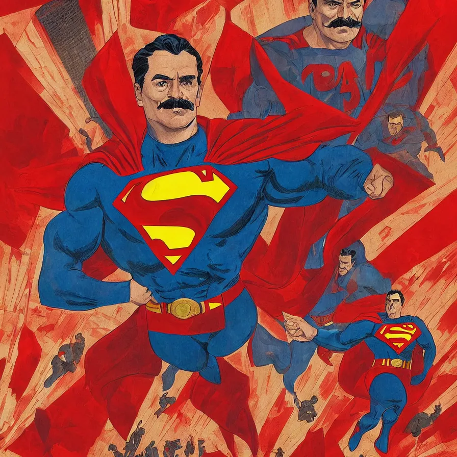 Image similar to stalin as superman, in the style of the red son, floating over the red square ( moscow ), socialist realism, soviet nostalgia, ultrarealistic, hyperdetailed, intricate digital art, trending artstation, rich moody colors, fan art, concept art, epic comic book style, by robert kirkman