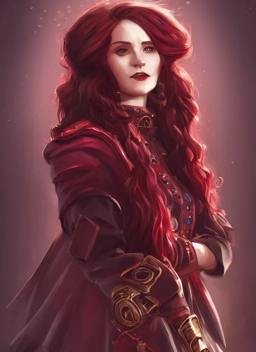 Image similar to a highly detailed illustration of beautiful long dark red haired woman wearing wine red epaulette uniform and coat cape, dramatic smiling pose, intricate, elegant, highly detailed, centered, digital painting, artstation, concept art, smooth, sharp focus, league of legends concept art, wlop