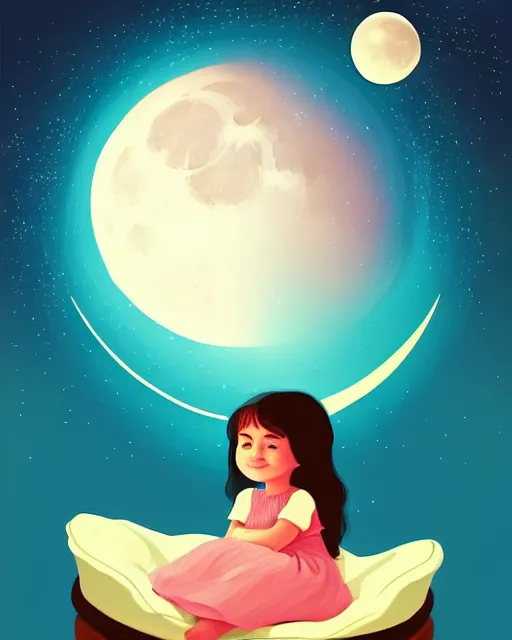 Image similar to beautiful painting of little girl sitting on her flying bed and looking at the moon, art by petros afshar, sky night, illustration, highly detailed, simple, smooth and clean vector curves, no jagged lines, vector art, smooth, artstation