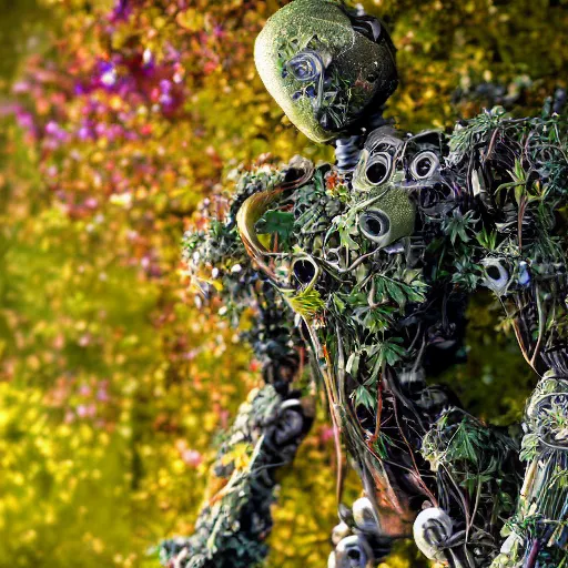 Image similar to overgrown foliage taking over an abandoned humanoid robot body, close - up, 3 5 mm, biopunk, bokeh, beautiful, lens flare, emotional, sweet, flowers, detailed, picture, trending on artstation, award - winning, shiny, golden