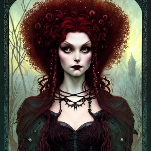 Image similar to a dark gothic version of Princess Merida, face, fantasy, intricate, elegant, highly detailed, digital painting, artstation, concept art, smooth, sharp focus, illustration, art by Gerald Brom and Jasmine Becket-Griffith and Fernanda Suarez and alphonse mucha