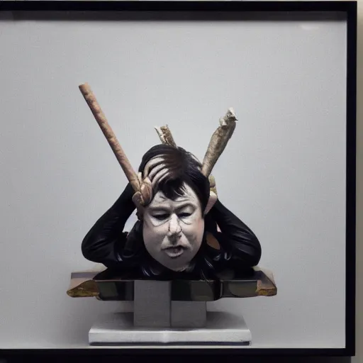 Image similar to modern art, abstract sculpture of bill hicks puking himself, smoking, moma, studio light, 8 k