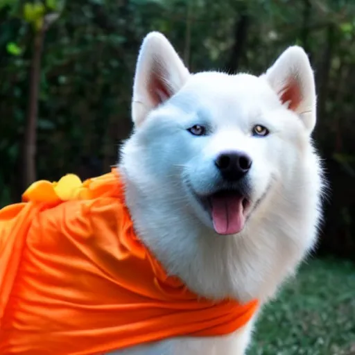 Image similar to a photo of a white husky dog wearing and orange saree