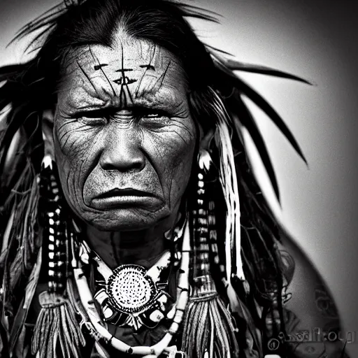 Prompt: portrait of hopi shaman, 3 0 yo, angry look, tattoos, dark background, studio light, hdr, nikon 2 8 mm f / 1. 8 g, by sebastiao salgado