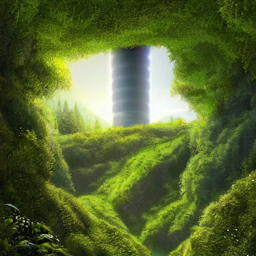 Image similar to vertical farms and white sci - fi nuclear microreactor in a steep sided valley with trees, a sense of hope and optimism, hyper realistic, high res, 4 k, warm light, edouard groult, bynde, kirill leonov