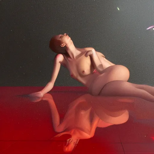 Prompt: British model Josie Lane with beautiful face and full body laying in a blood red pool of water between a bright golden glowing mirror frame, outside is space and inside the mirror frame is a beautiful landscape. Hyperrealistic surreal 4K IMAX Rene Margritte intricate, elegant, highly detailed, digital painting, artstation, concept art, smooth, sharp focus, illustration, art by artgerm, Francis bacon, HR Giger and greg rutkowski and alphonse mucha