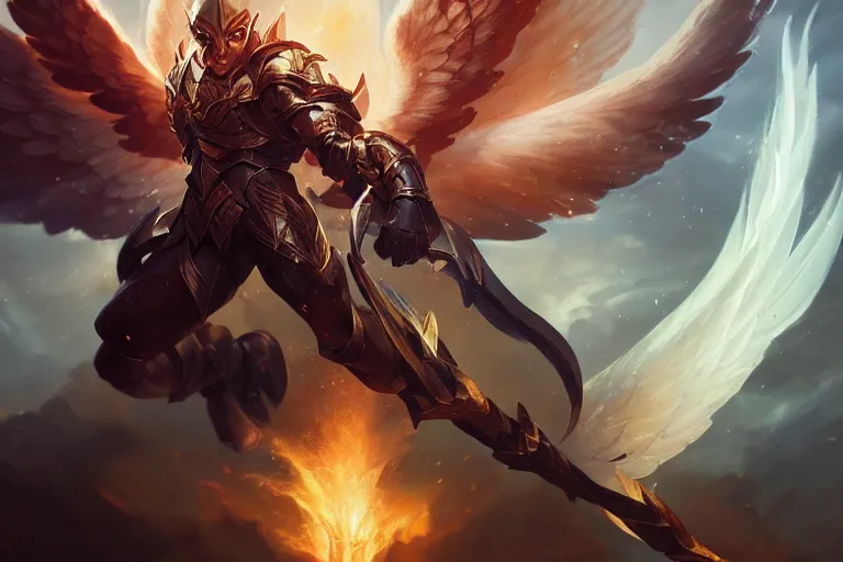 Image similar to amazing portrait of archangel micheal, league of legends splash art, deiv calviz, splash art, natural light, elegant, intricate, fantasy, atmospheric lighting, by greg rutkowski, league of legends splash art, hd wallpaper, ultra high details