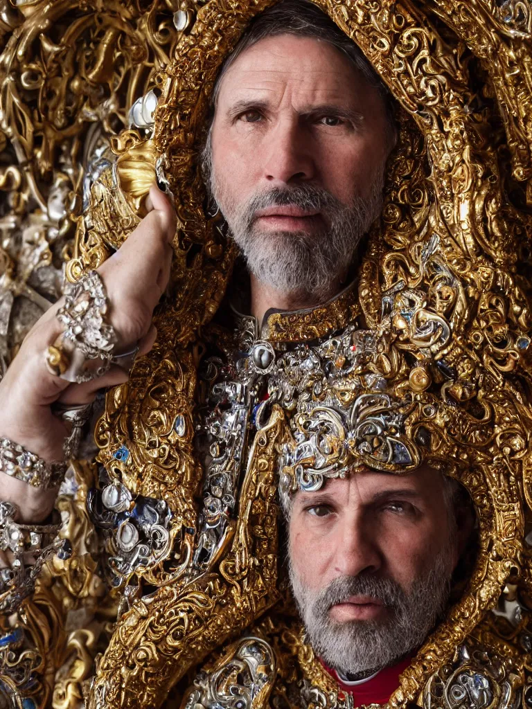 Prompt: a high-resolution color-chrome closeup portrait photo of a medieval priest, kissing a incredible elegant pale renaissance, with ornate jewelled, rococo Queen, sci-fi, high-tech, beautiful low light, style Steve McCurry Octane render 8k